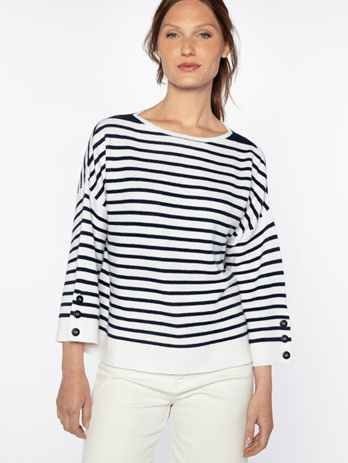 KINROSS Knitwear Kinross Cashmere Stripe Button Sleeve Pullover In White And Navy LSSD4-129 izzi-of-baslow