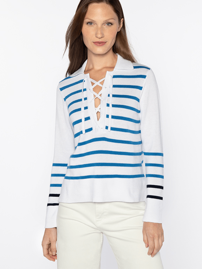 Kinross Cashmere Stripe Lace Up Polo Jumper LSSG4-189 izzi-of-baslow