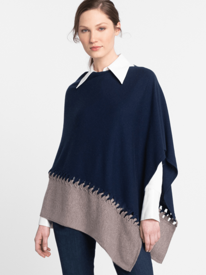 KINROSS Knitwear One Size Kinross Cashmere Navy &amp; Seal Twist Stitch Poncho LFAC1-C99 izzi-of-baslow