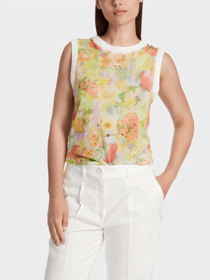 Marc Cain Collections Knitwear Marc Cain Collections Sleeveless Floral Print Top In Pale Lemon WC 61.09 M34 COL 420 izzi-of-baslow