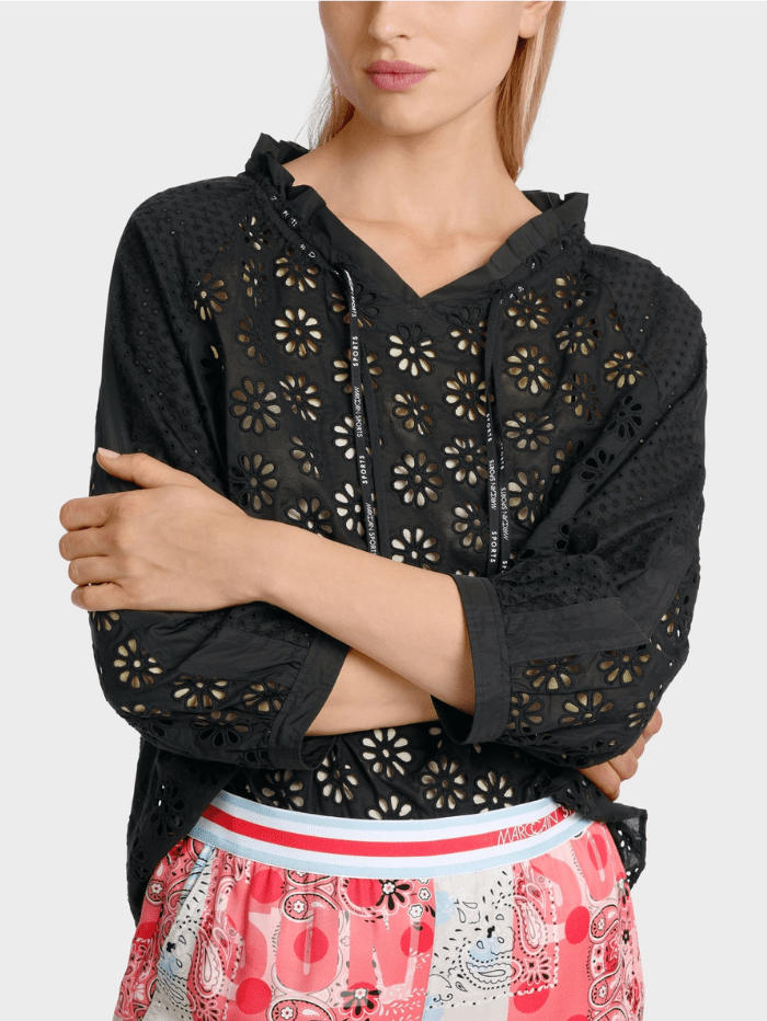 Marc Cain Sports Tops Marc Cain Sports Black Blouse With Eyelet Embroidery WS 51.24 W35 COL 900 izzi-of-baslow