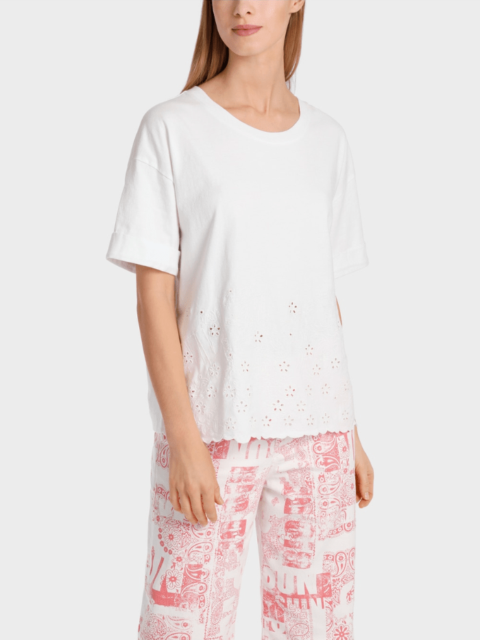 Marc Cain Sports Tops Marc Cain Sports White T Shirt With Eyelet Embroidery WS 48.01 J74 COL 100 izzi-of-baslow