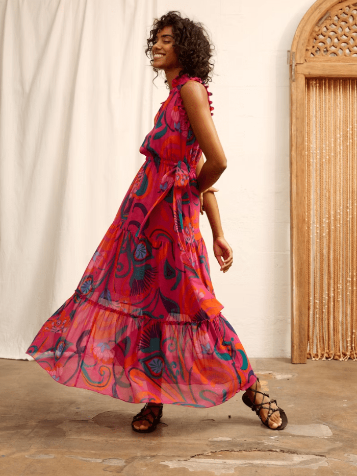 Oui Dresses Oui Patterned Chiffon Maxi Dress In Pink And Orange 86718 Col 0342 izzi-of-baslow