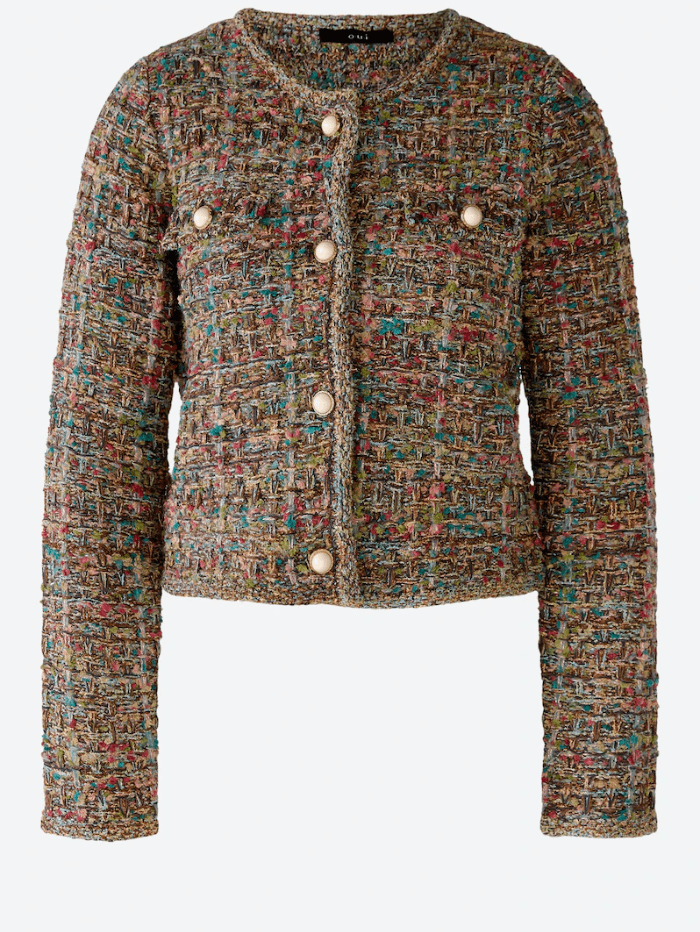  Oui-French-Style-Knitted-Cardigan-Jacket-In-A-Green-Red-Mix 79402 Col 643-of-baslow