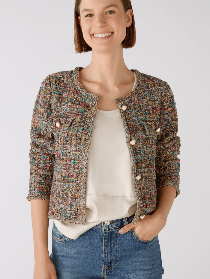 Oui-French-Style-Knitted-Cardigan-Jacket-In-A-Green-Red-Mix 79402 Col 643-of-baslow