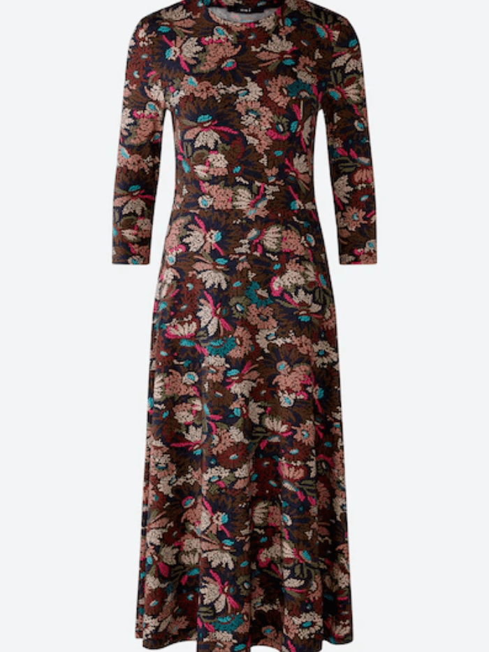 Oui-Brown-and-Red-Millefleur-Patterned-Print-Jersey-Dress 79322 Col 843 Izzi-of-baslow