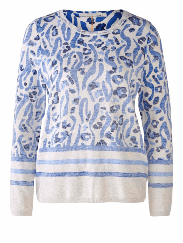 Oui Cotton Reversible Jumper in Blue and White telier Azur Print 78659 905 izzi-of-baslow