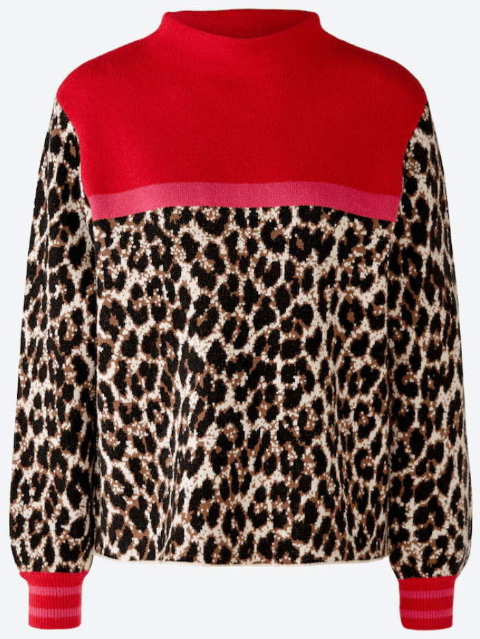 Oui-Red-And-Leopard-Print-Patterned-Jumper-With-Stand-Up-Collar 79599 Col 753 izzi-of-baslow