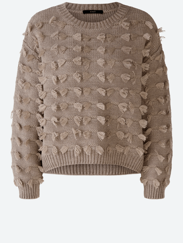 Oui-Taupe-Jumper-With-Fringe-Detail 79376 Col 8131 izzi-of-baslow