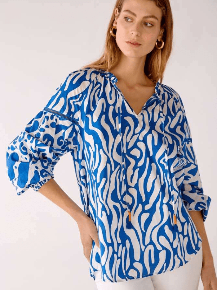 Oui Tops Oui Blue and White Print Blouse with Tie Neckline 78544 541 izzi-of-baslow