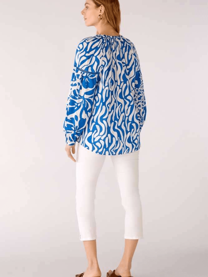 Oui Tops Oui Blue and White Print Blouse with Tie Neckline 78544 541 izzi-of-baslow