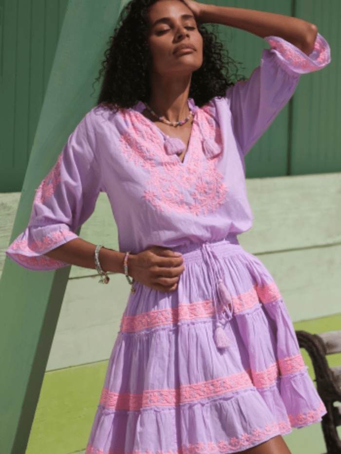 Pranella-AMAR-Mini-Dress-In-Lilac-And-Neon-Peach-izzi-of-baslow