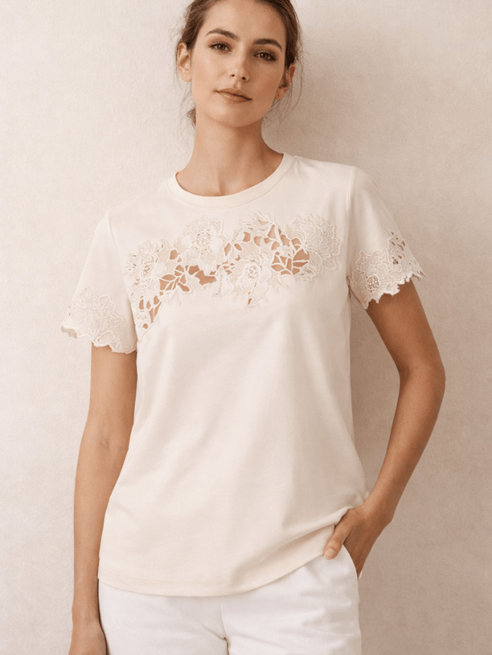 Riani Tops Riani Short Sleeve Champagne Top With Cutwork Embroidery 448505 7909 Col 802 izzi-of-baslow