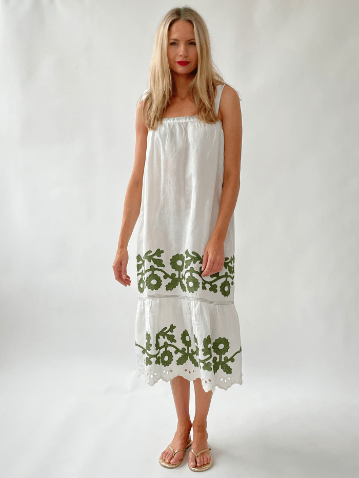 Rose And Rose Dresses Rose And Rose ALBA Appliqued Sleeveless Sun Dress In White And Olive izzi-of-baslow