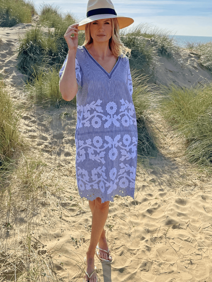 Rose And Rose Dresses Rose And Rose AMALFI Appliqued Dress In Blue And White Stripes izzi-of-baslow
