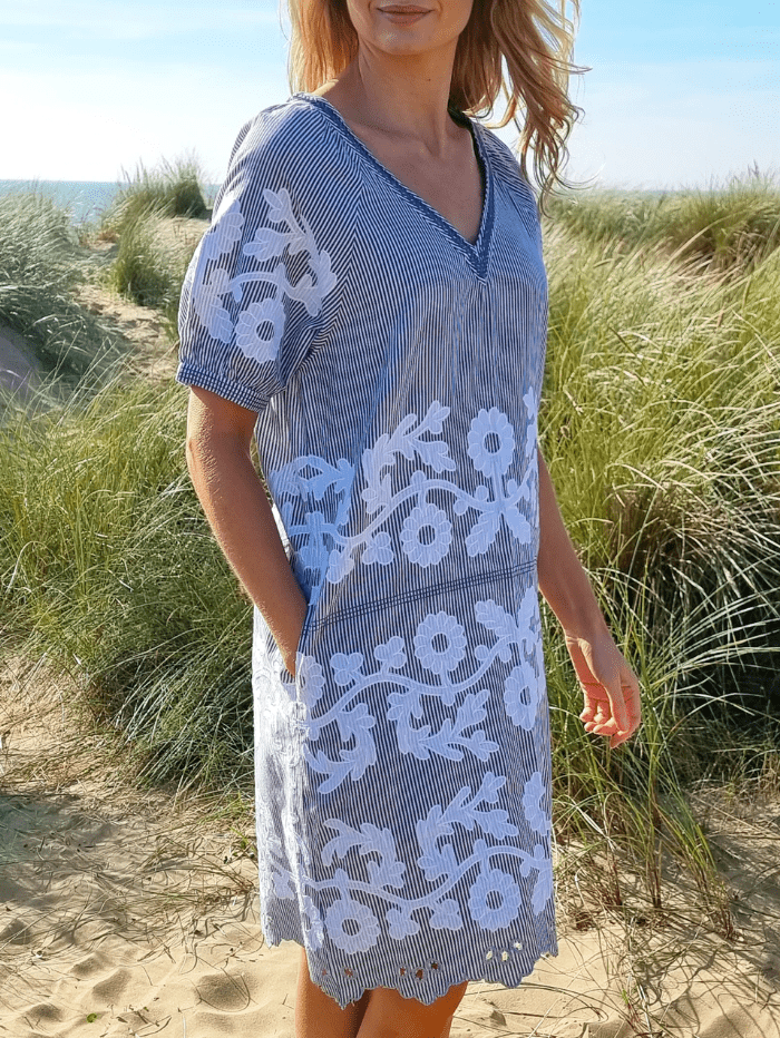 Rose And Rose Dresses Rose And Rose AMALFI Appliqued Dress In Blue And White Stripes izzi-of-baslow
