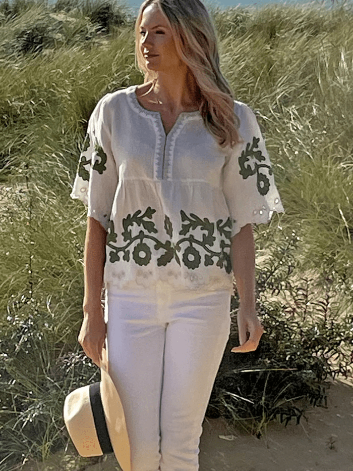 Rose-And-Rose-ALASSIO-Appliqued-Embroidered-Top-In-White-And-Olive izzi-of-baslow
