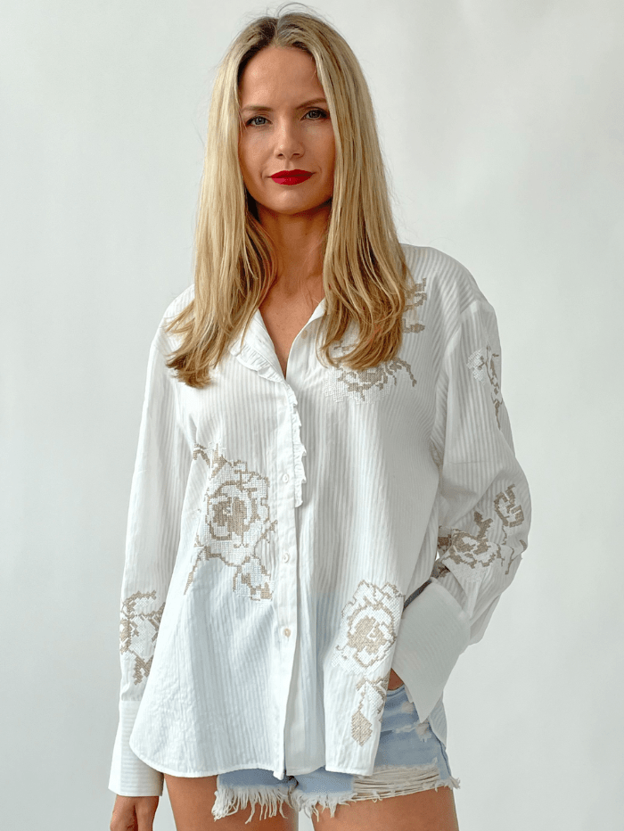 Rose And Rose Tops S Rose And Rose MILANO White Flower Embroidered Shirt izzi-of-baslow
