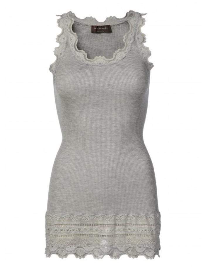 Rosemunde Tops Rosemunde Silk Lace Trimmed Long Top Light Grey 5315 008 izzi-of-baslow