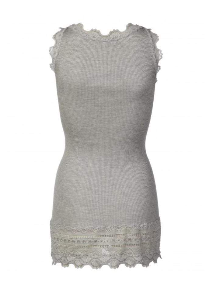 Rosemunde Tops Rosemunde Silk Lace Trimmed Long Top Light Grey 5315 008 izzi-of-baslow