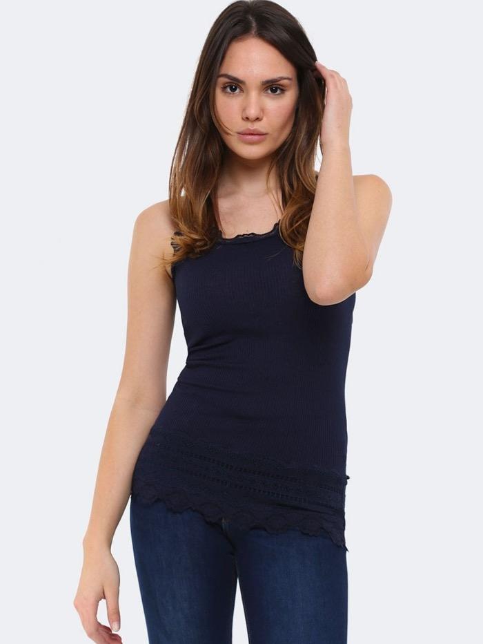 Rosemunde Tops Rosemunde Silk Lace Trimmed Long Top Navy 5315-135 izzi-of-baslow