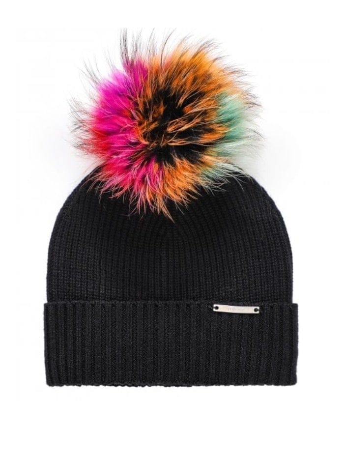 BKLYN Accessories OS BKLYN S Wool Beanie Black Hat Orange &amp; Pink Pom Pom izzi-of-baslow