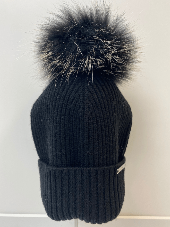 BKLYN Accessories OS BKLYN Wool Beanie Black Hat Black &amp; White Pom Pom izzi-of-baslow