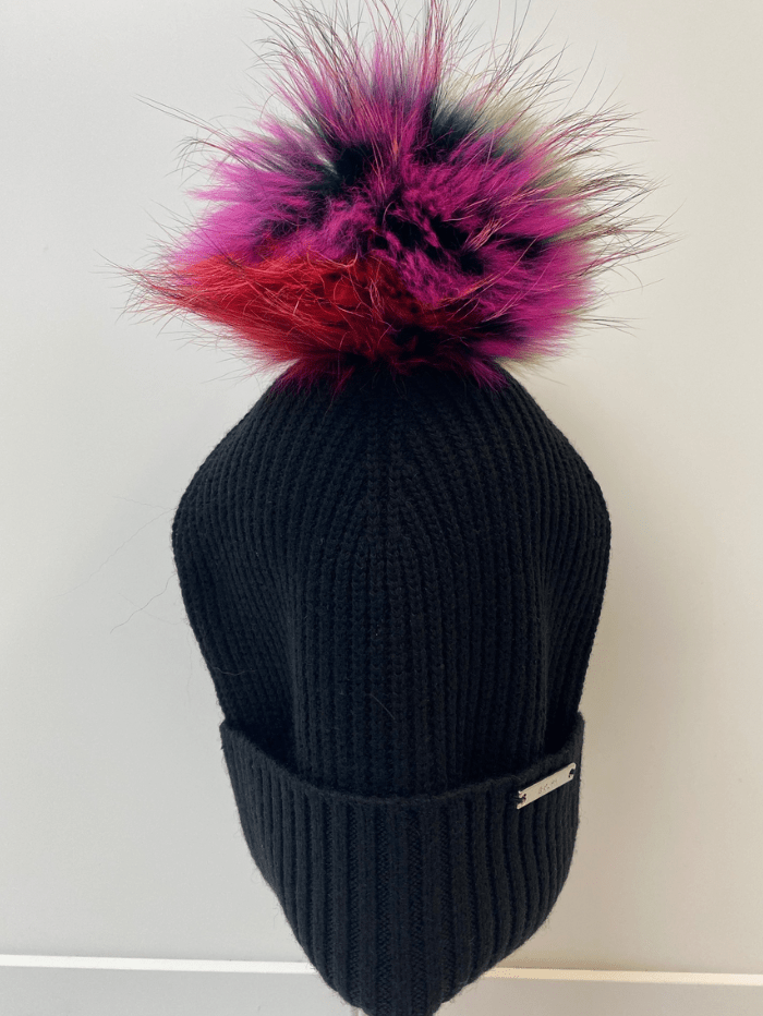 BKLYN Accessories OS BKLYN Wool Beanie Black Hat Orange &amp; Pink Pom Pom izzi-of-baslow