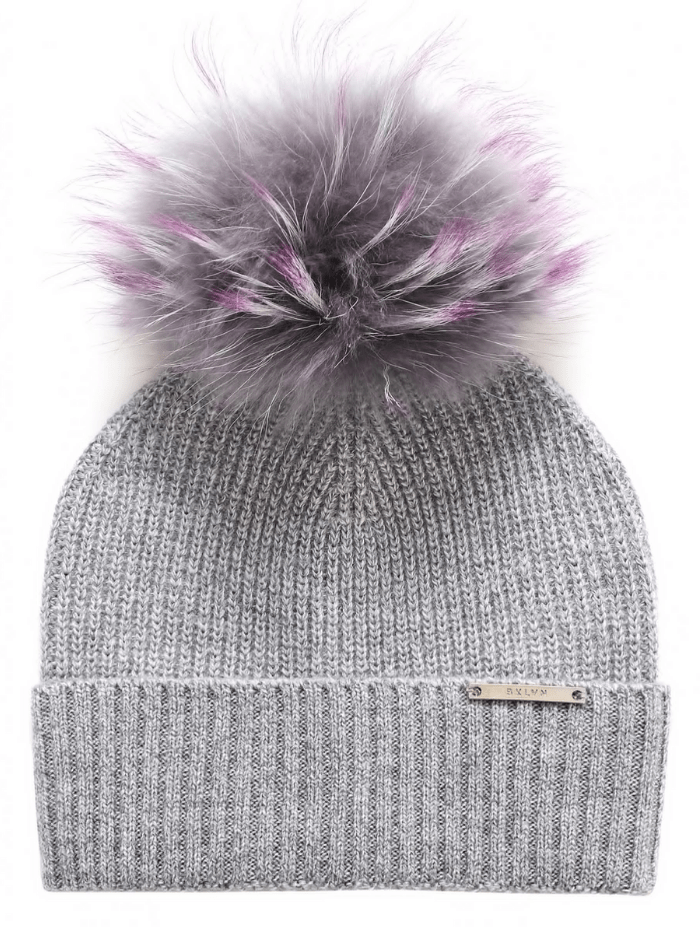 BKLYN Accessories OS BKLYN Wool Beanie Grey Hat Purple Pom Pom izzi-of-baslow