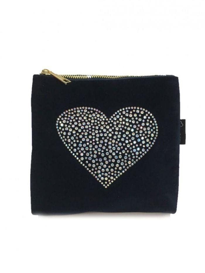 Black Colour Accessories One Size Blue Rhinestone Heart Velvet Zip Bag izzi-of-baslow