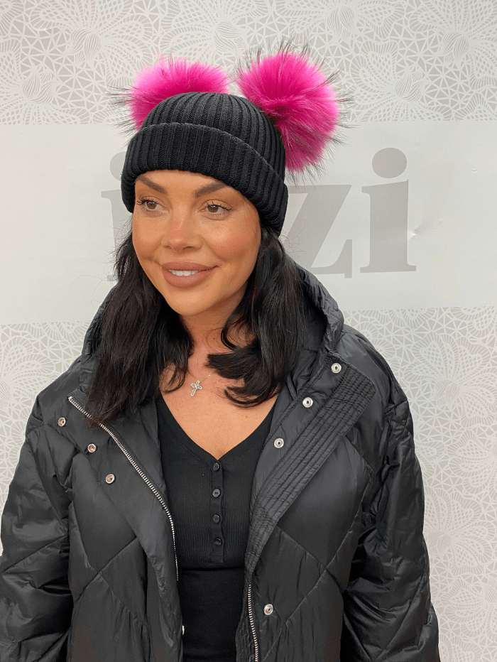 Bobbl Classic Duo Black Wool Beanie Hat Hot Pink Pom Poms Izzi