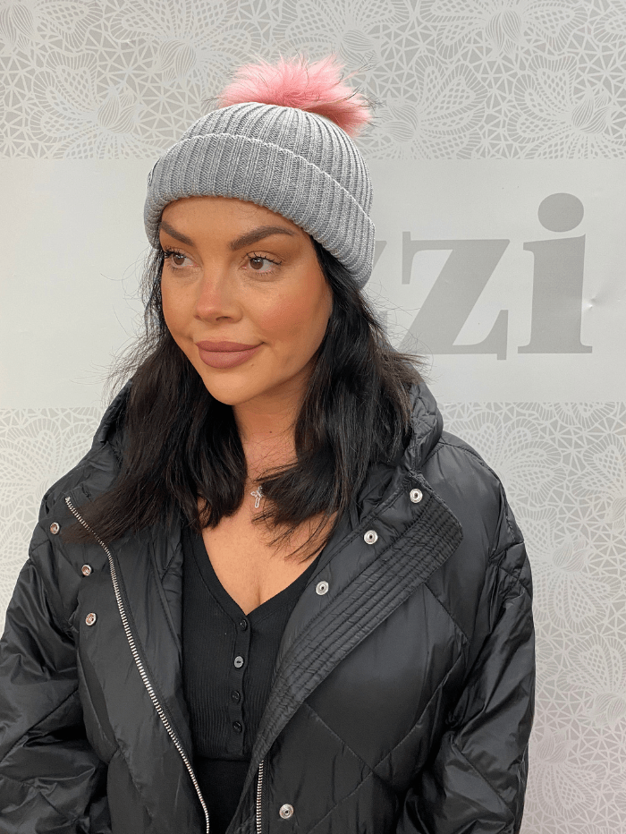 Grey and pink bobble hat hotsell