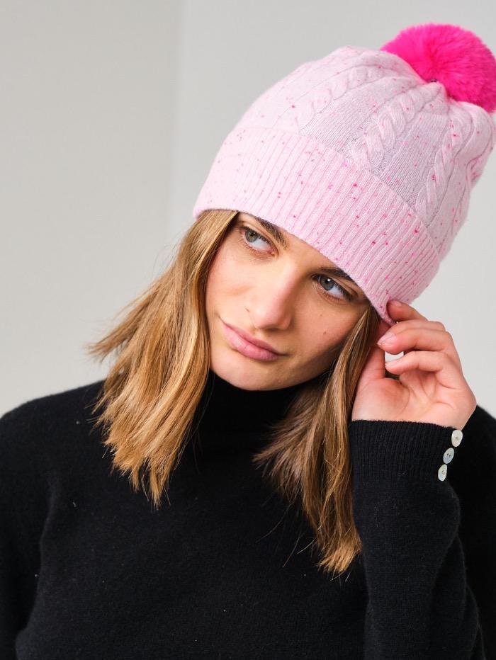 Brodie Cashmere Accessories OS Brodie Cashmere Miss Cable Hat With Fuchsia Faux Fur Pom Pom izzi-of-baslow