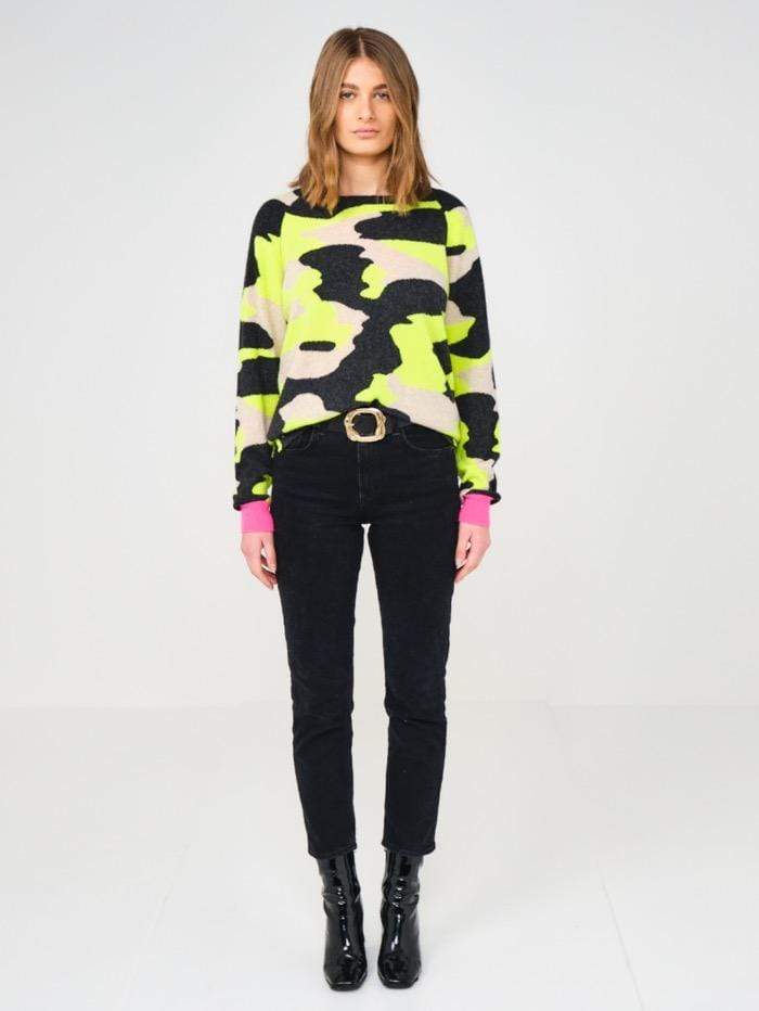 Brodie Cashmere Knitwear Brodie Cashmere Camo Charcoal &amp; Neon Yellow Jumper izzi-of-baslow