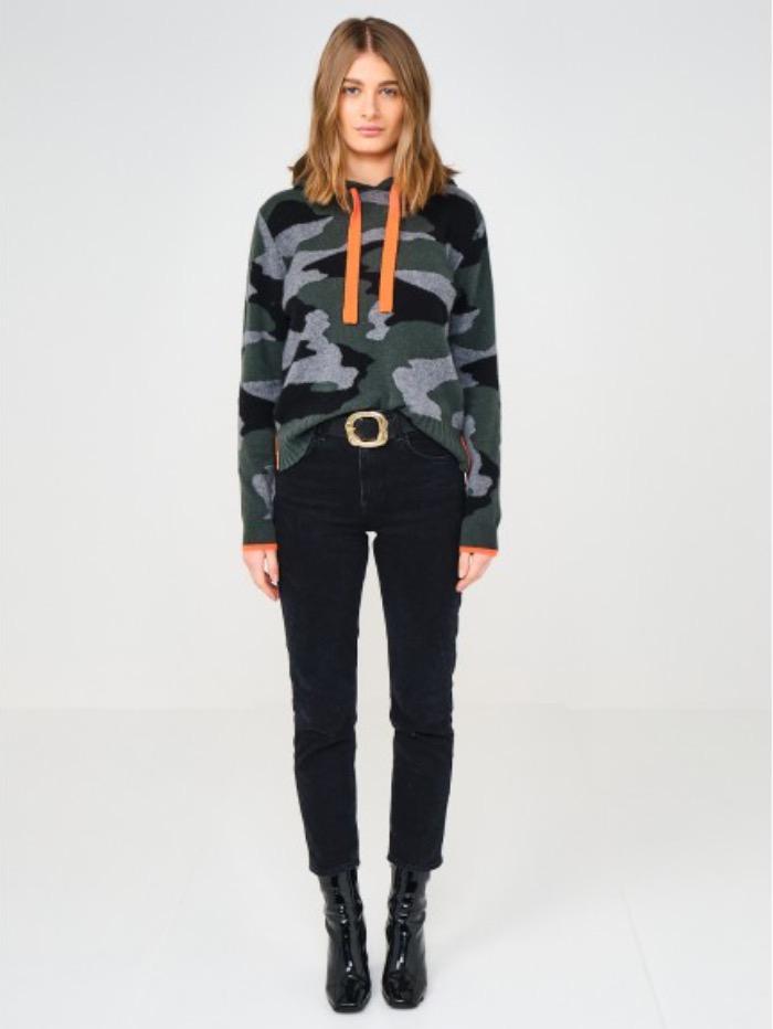 Brodie Cashmere Knitwear Brodie Cashmere Chloe Camo Hoodie Khaki with Neon Orange izzi-of-baslow