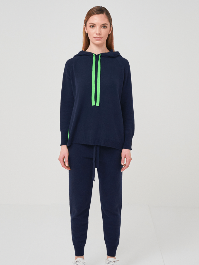 Brodie Cashmere Knitwear Brodie Cashmere Contrast Hoodie Navy and Apple Green izzi-of-baslow
