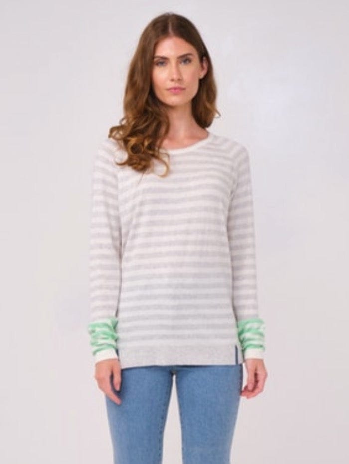 Brodie Cashmere Knitwear Brodie Cashmere Cotton and Silk Mix Striped Raglan Ice Water &amp; Silver Haze Jumper izzi-of-baslow