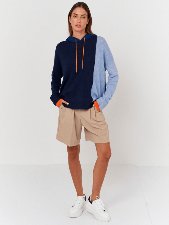 Brodie Cashmere Knitwear Brodie Cashmere Double Cuff Colour Block Navy Hoodie izzi-of-baslow