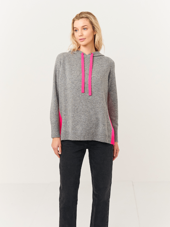 Brodie Cashmere Knitwear Brodie Cashmere Ivy Contrast Grey &amp; Neon Pink Hoodie izzi-of-baslow