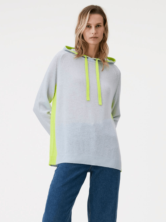 Brodie Cashmere Knitwear Brodie Cashmere Ivy Contrast Pearl Blue Neon Yellow Jumper izzi-of-baslow