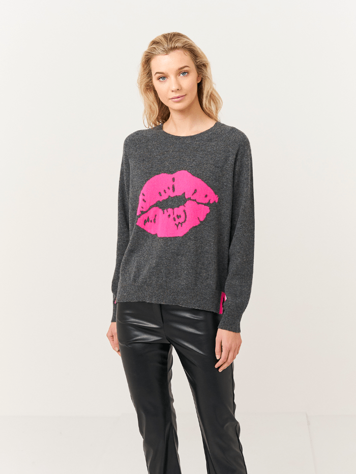 Brodie Cashmere Knitwear Brodie Cashmere Kiss Dark Grey &amp; Neon Pink Jumper izzi-of-baslow
