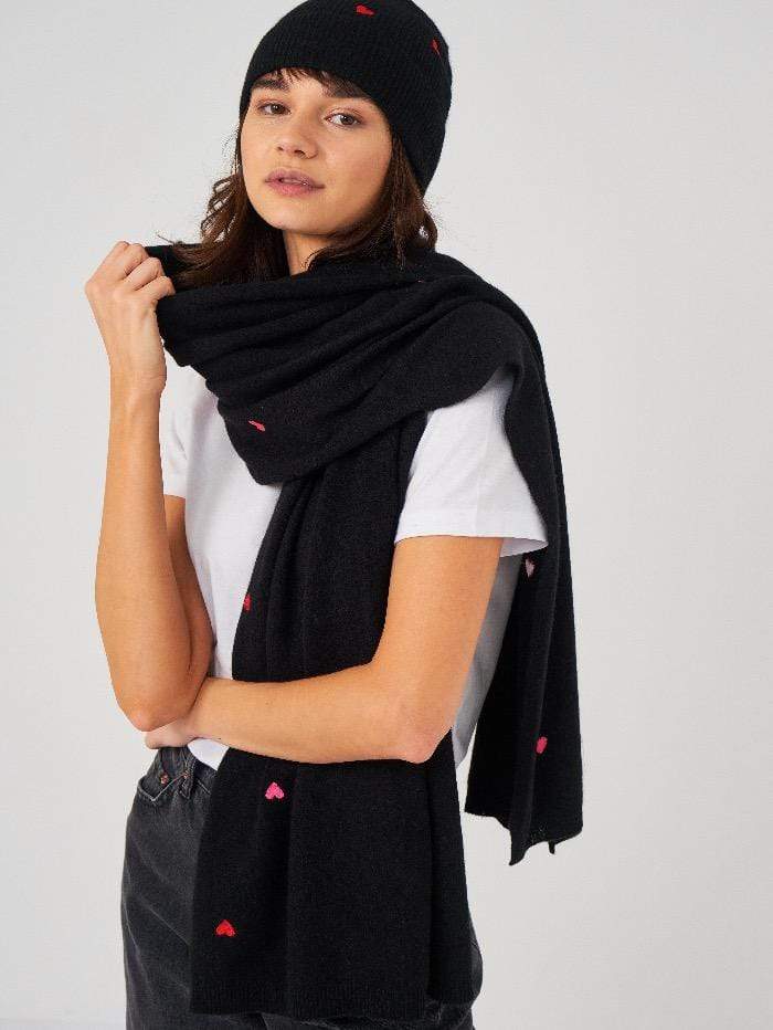 Brodie Cashmere Knitwear One Size Brodie Cashmere Embroidered Heart Scarf Black with Hearts izzi-of-baslow
