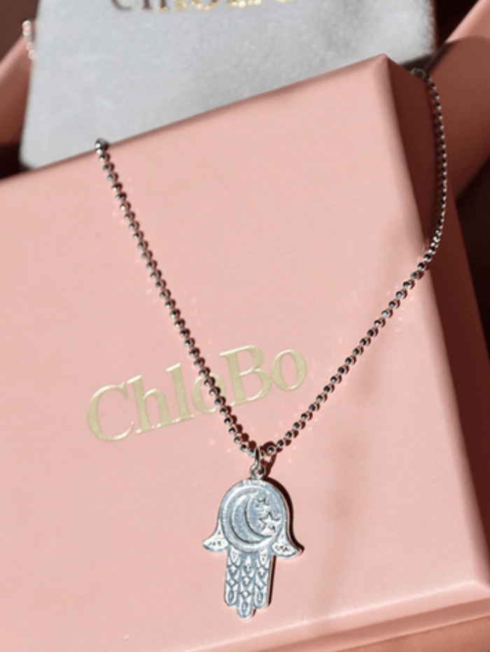 ChloBo Jewellery One Size ChloBo 90 Silver Diamond Cut Chain Moon and Star Hamsa Hand Necklace SCDC1655 izzi-of-baslow