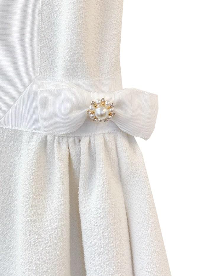 Edward Achour Paris Dresses Edward Achour White Tweed Embellished Dress with Bow 425027 izzi-of-baslow