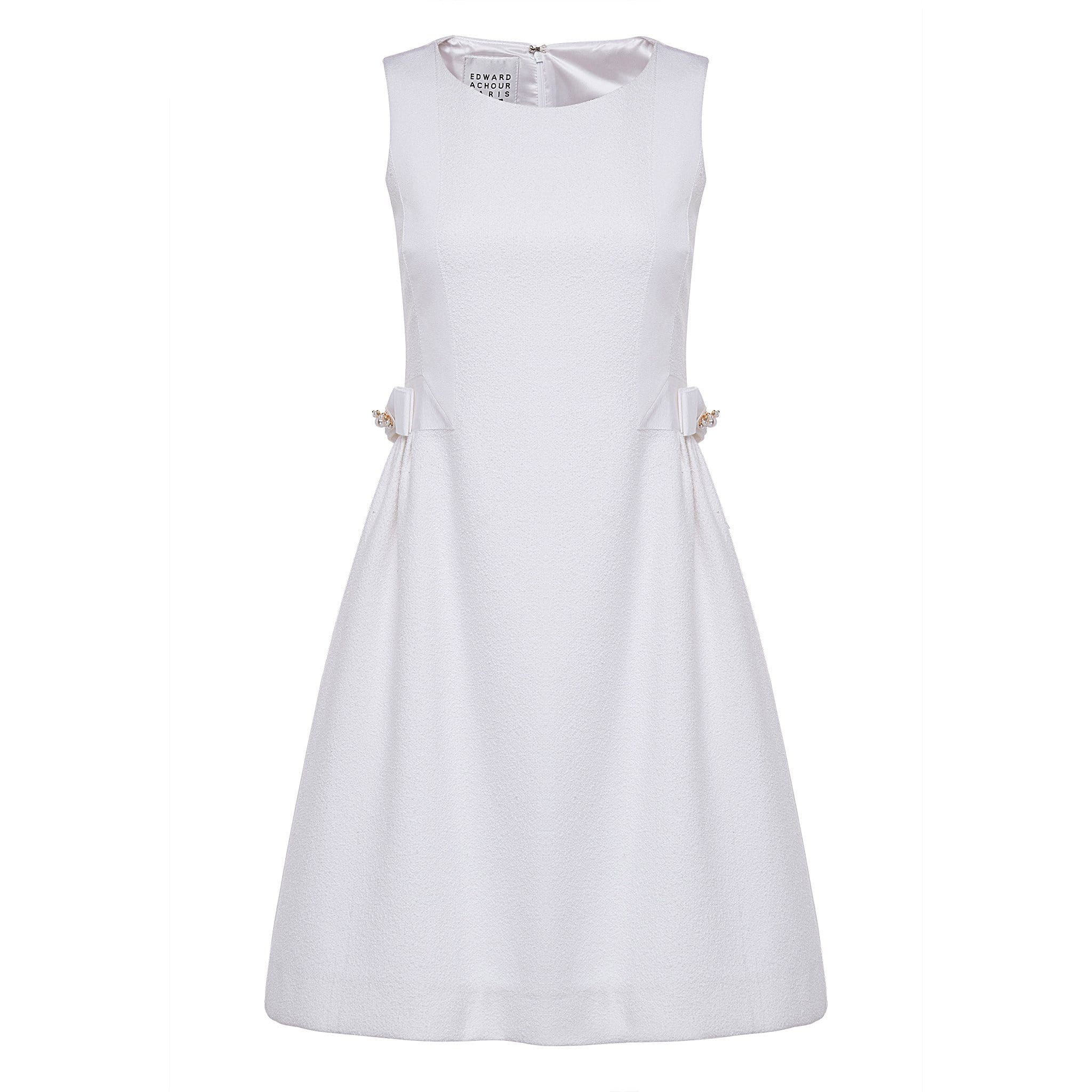 Edward Achour Paris Dresses Edward Achour White Tweed Embellished Dress with Bow 425027 izzi-of-baslow