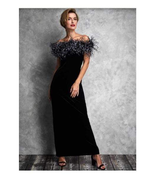Gina Bacconi Dresses Gina Bacconi Black Winona Feather Trim Velvet Maxi Dress SRR3172 izzi-of-baslow