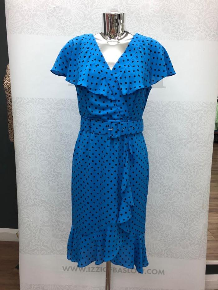Gina Bacconi Dresses Gina Bacconi Blue Black Polka Dot Belted Dress SBZ5505 izzi-of-baslow