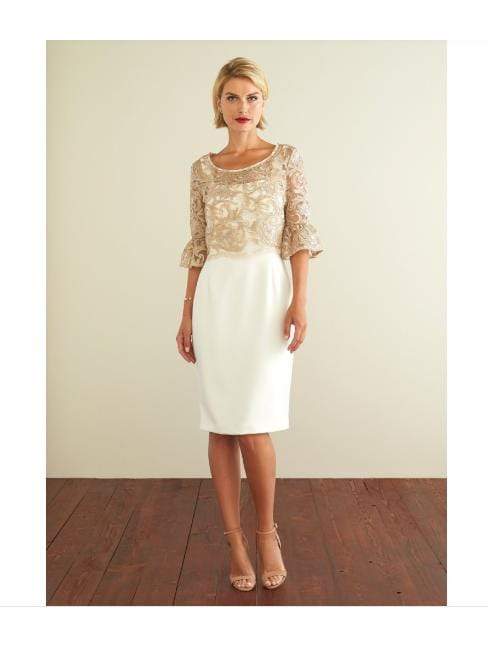 Gina Bacconi Dresses Gina Bacconi Marta Dress Beige and Gold With Lace Overlay SRR3038 izzi-of-baslow