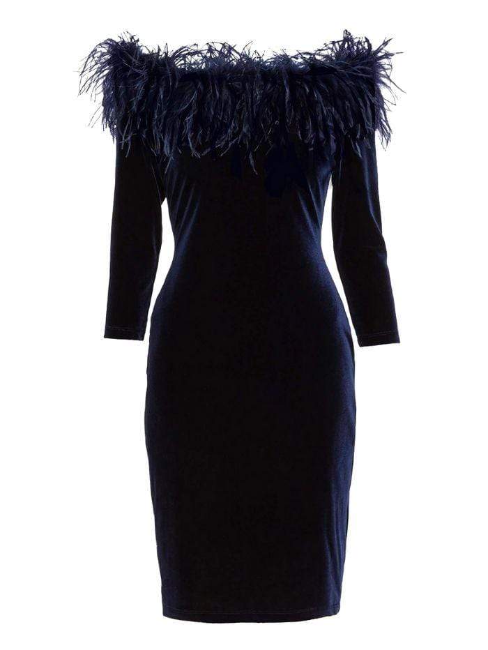 Gina Bacconi Dresses Gina Bacconi Navy Dania Feather Trim Dress STT2779 izzi-of-baslow