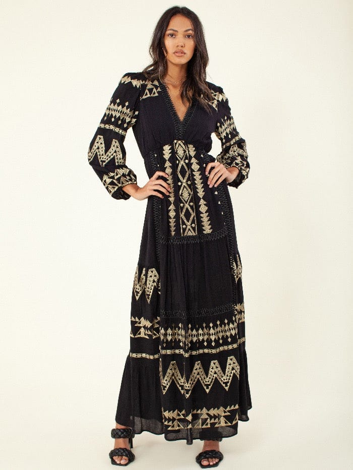 Hale Bob Dresses Hale Bob Black and Gold Embroidered Maxi Dress 26RM6313 izzi-of-baslow